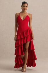 Bogota | Red Plunge-Neck Maxi Dress With Ruffling Details And Front High Split